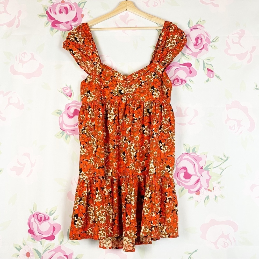 NEW Free People Orange Floral Pattern Play Linen Mini Dress L